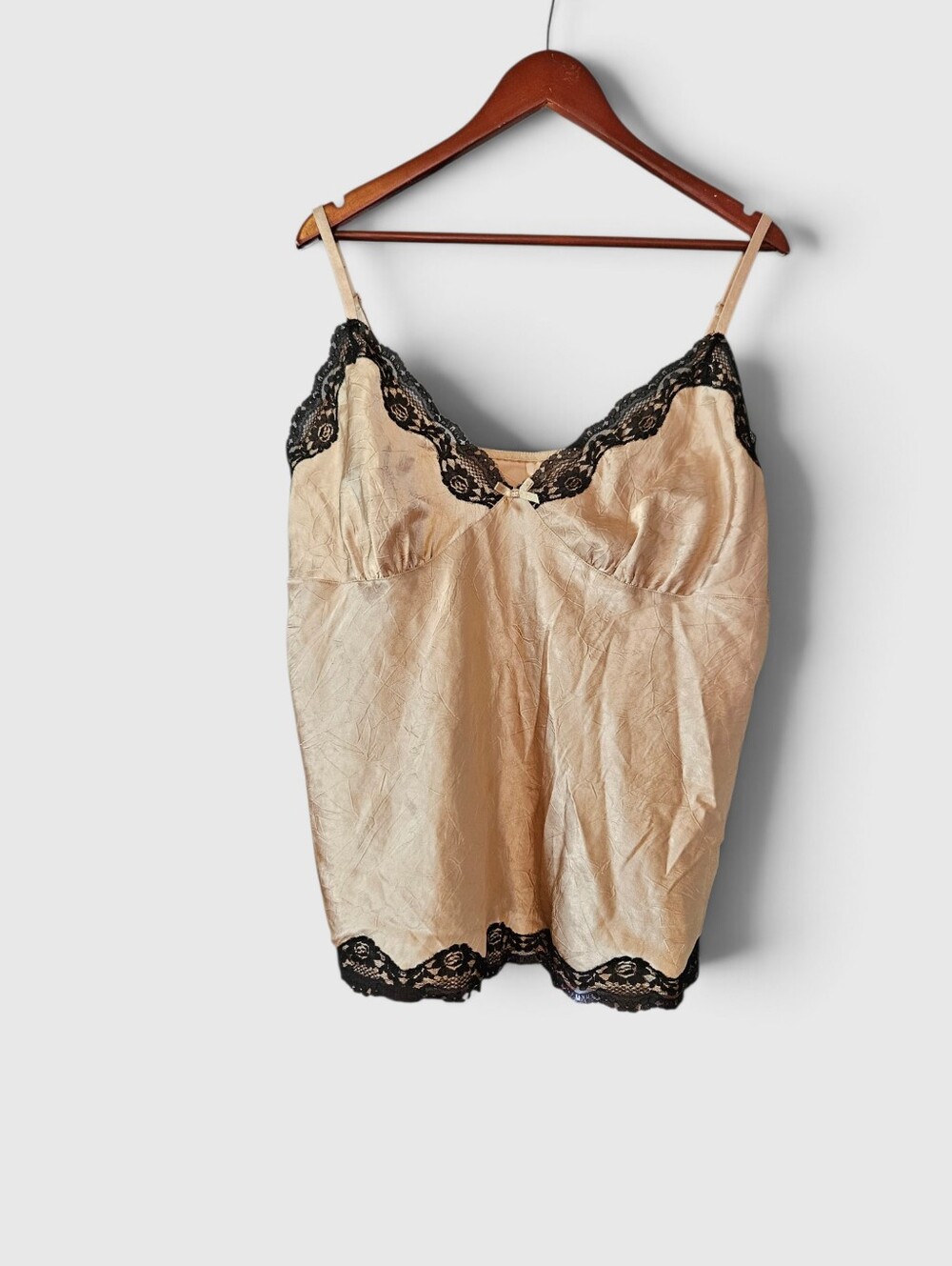 Vintage Cacique Champaign Crinkle Satin Lace Trim Chemise Cami Tank Slip 18/20